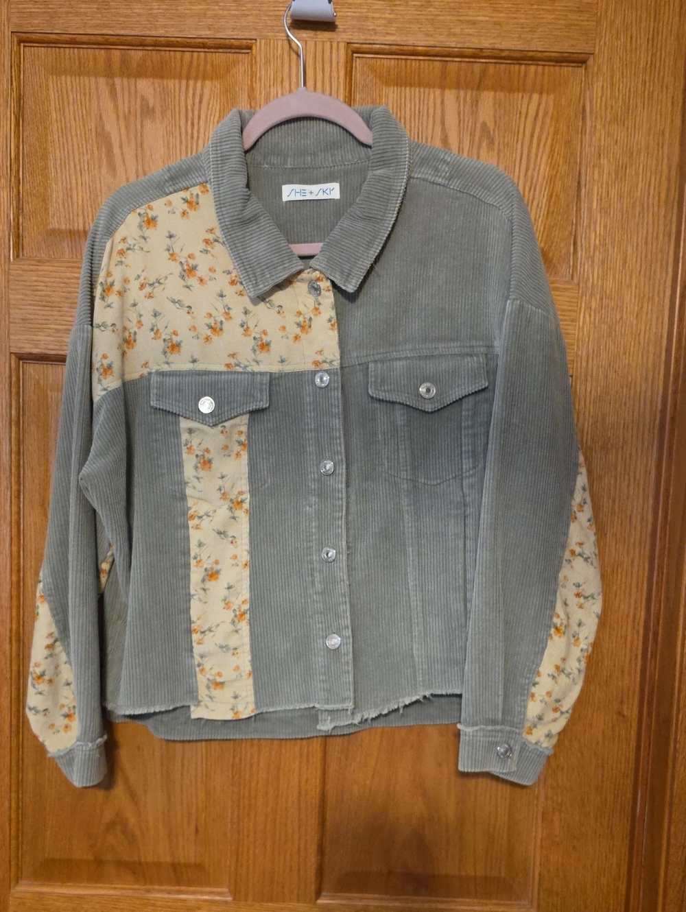 She + Sky Olive Corduroy Jacket with Cream Floral Panels